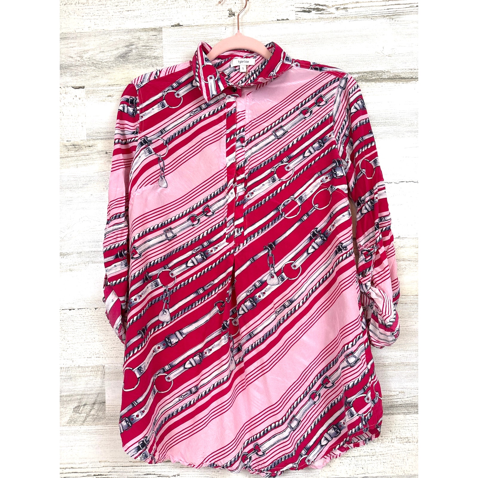 Tyler Boe Womens S Pink Belt Print Silk Blouse Luxe Button Up Shirt Top Workwear